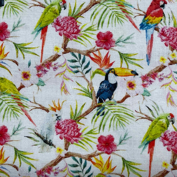 Parrots Tropical Toucan Birds Digital Cotton Fabric 140cm Wide, Ivory