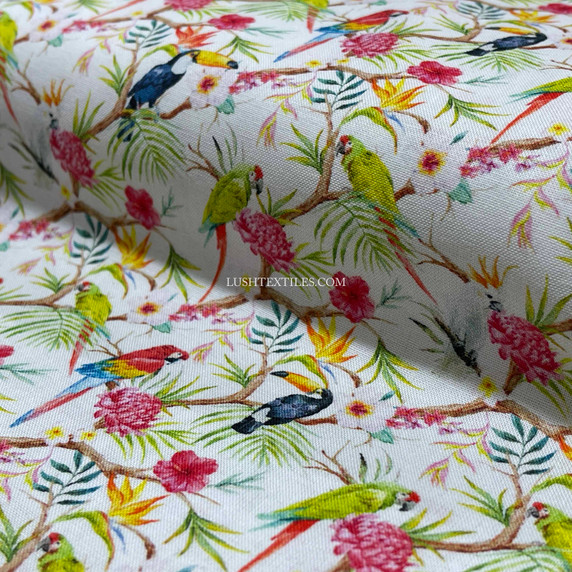 Parrots Tropical Toucan Birds Digital Cotton Fabric 140cm Wide, Ivory