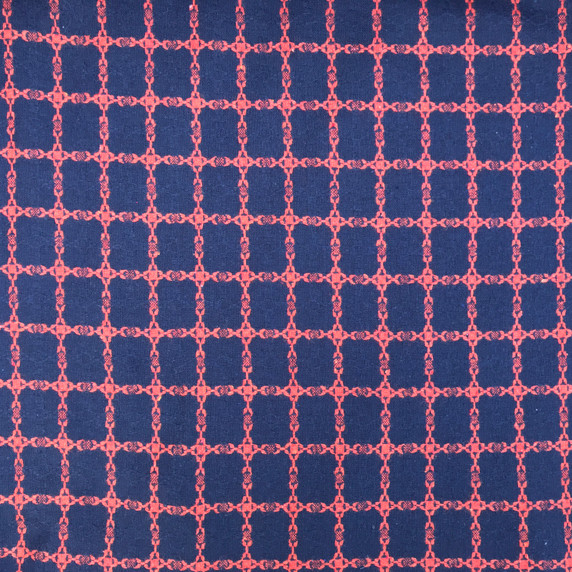 Orange Squares Wool Blend Fabric, Navy