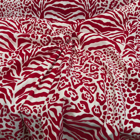 Safari Red Velvet Flock Cotton Panama Curtain Fabric, Cream