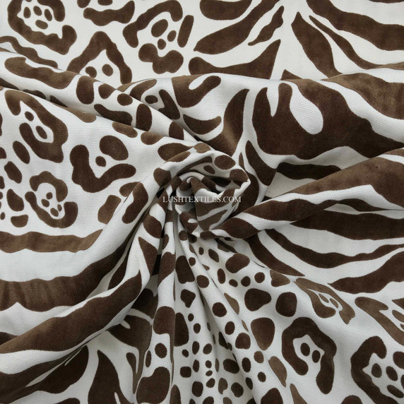 Safari Brown Velvet Flock Cotton Panama Curtain Fabric, Cream