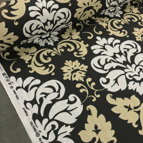 Orly Damask Cotton Fabric, Beige/Black