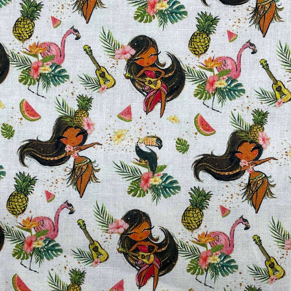 Tropical Girls Flamingo Birds Digital Cotton Craft Fabric 140cm Wide, Ivory