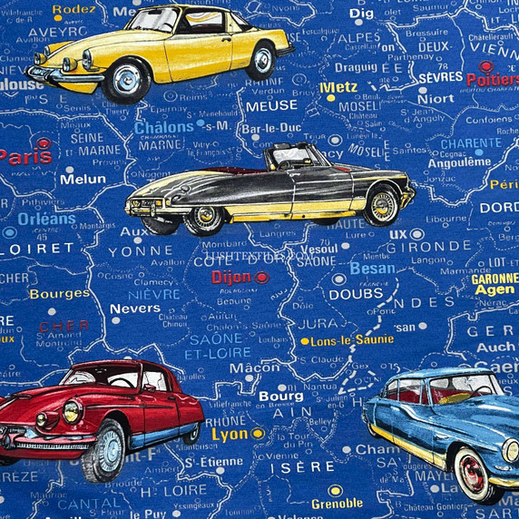 Classic Cars Paris Map Cotton Fabric, Blue