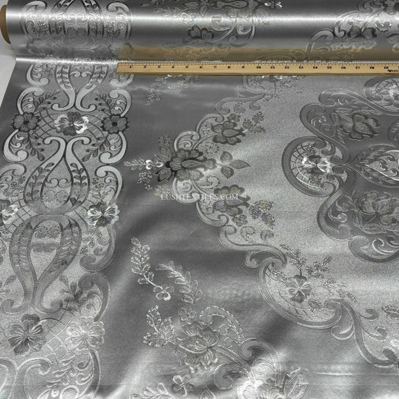 Damask PVC Oilcloth Fabric Embossed Metallic, Silver