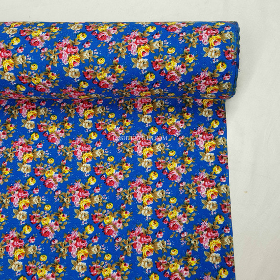 100% Viscose Floral Roses Dress Fabric, Blue