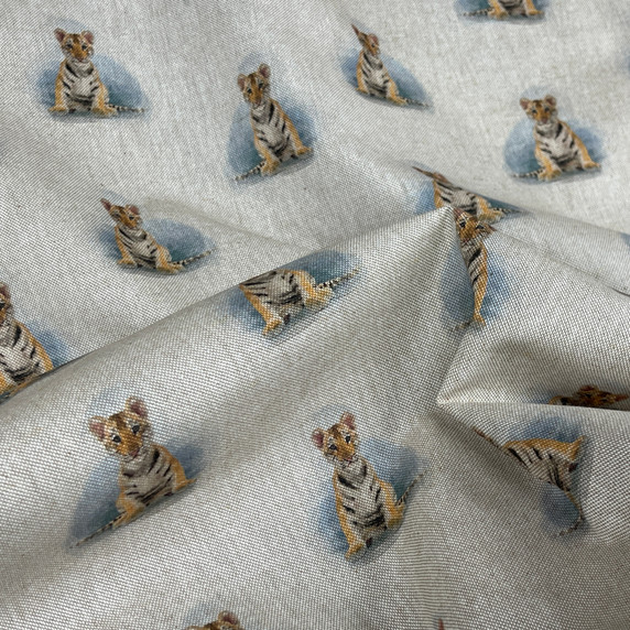 Cotton Rich Linen Look Fabric Digital Upholstery, Allover Tiger Cubs