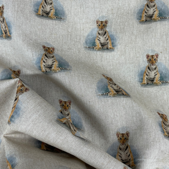 Cotton Rich Linen Look Fabric Digital Upholstery, Allover Tiger Cubs