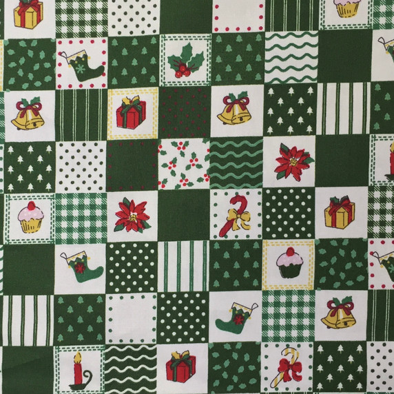 Christmas Patchwork Squares Cotton Fabric, Green