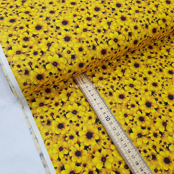 Small Floral Sunflowers 100% Cotton Dress Fabric, Yellow
