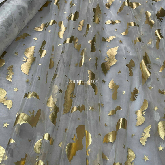 Gold Foil Halloween Bats Organza Fabric