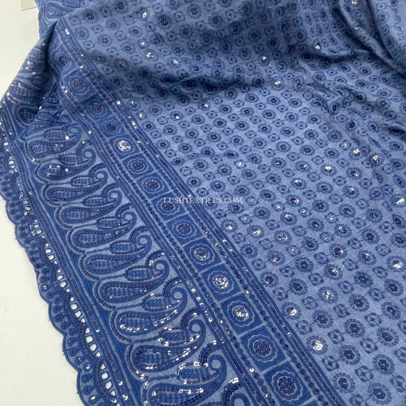 Paisley Sequin Cotton Broderie Anglaise Fabric, Navy