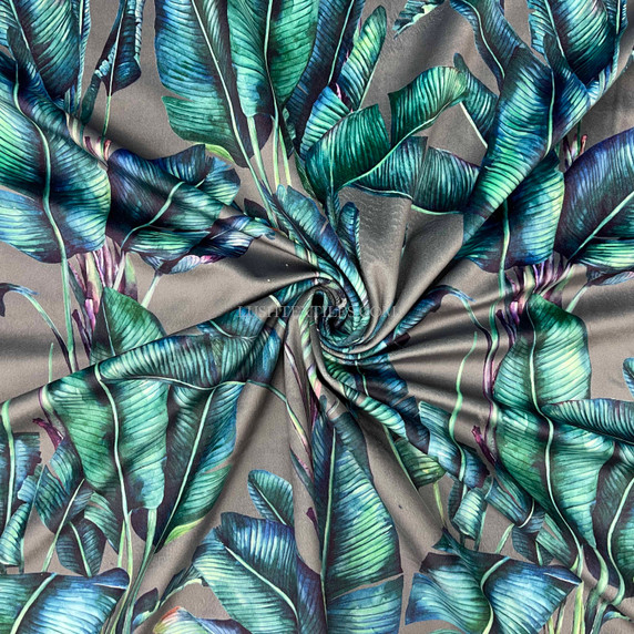 Paradise Floral Digital Print Plush Velvet Curtain Fabric, Grey