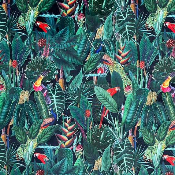 Rainforest Tropical Digital Print Plush Velvet Curtain Fabric, Black