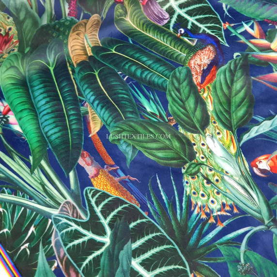 Rainforest Tropical Digital Print Plush Velvet Curtain Fabric, Navy