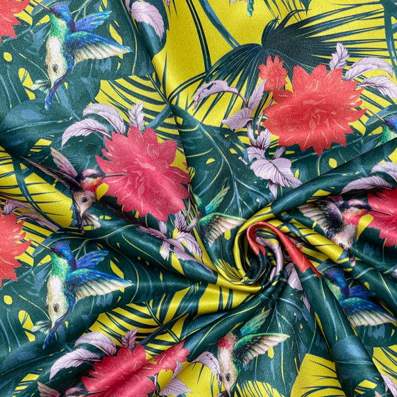 Tropical Floral Bird Digital Print Satin Brocade Fabric, Yellow