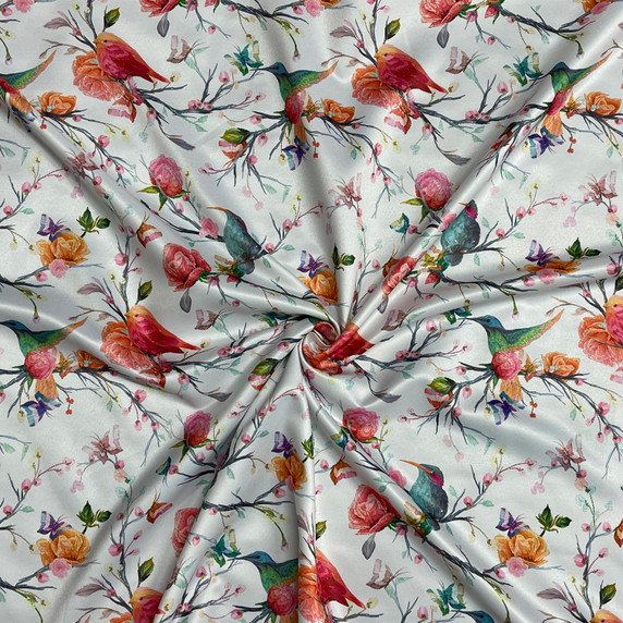 Tropical Floral Bird Digital Print Satin Brocade Fabric, White