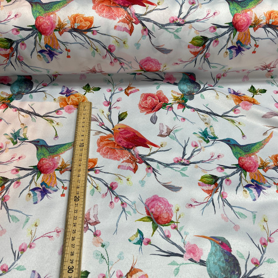 Tropical Floral Bird Digital Print Satin Brocade Fabric, White