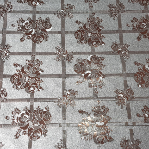 Metallic Roses PVC Oilcloth Fabric, Silver/Terracotta