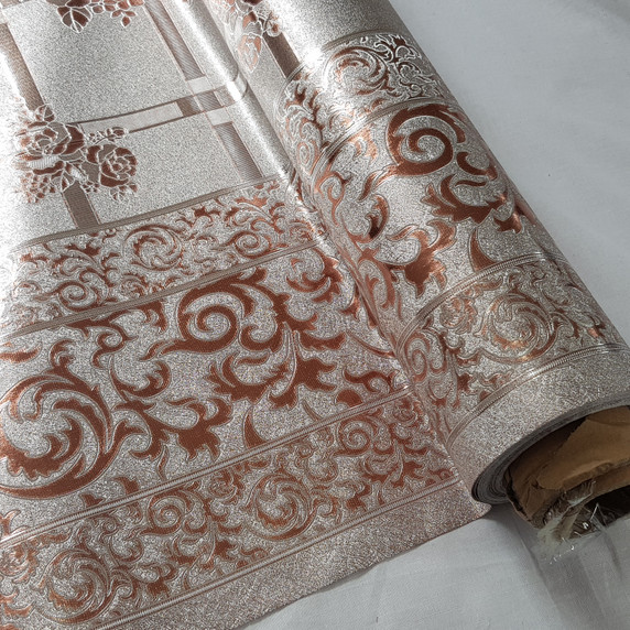 Metallic Roses PVC Oilcloth Fabric, Silver/Terracotta