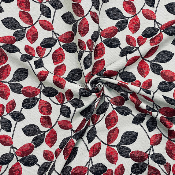 Red & Black Floral Leaves Upholstery Curtain Brocade Fabric, Ivory