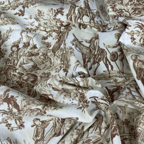 Toile De Jouy Vintage Cotton Fabric, Brown