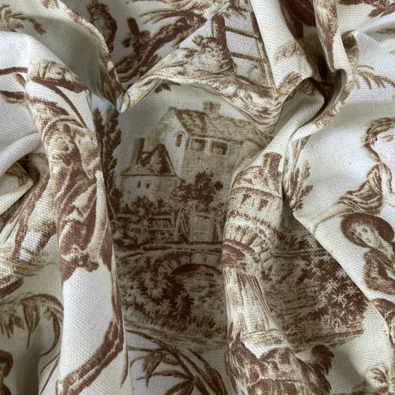 Toile De Jouy Vintage Cotton Fabric, Brown