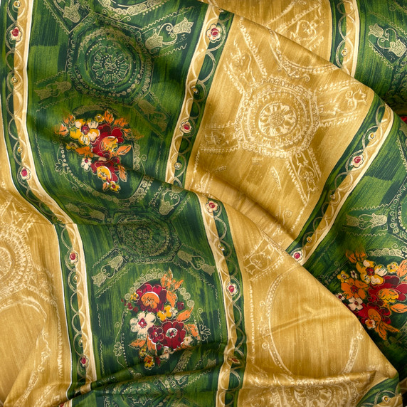 Cadeau Damask Floral Curtain Upholstery Bed Sheeting Duvet Fabric 54" Green/Mustard Gold