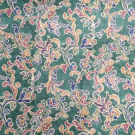 Damask Abstract Vintage Cotton Fabric, Green
