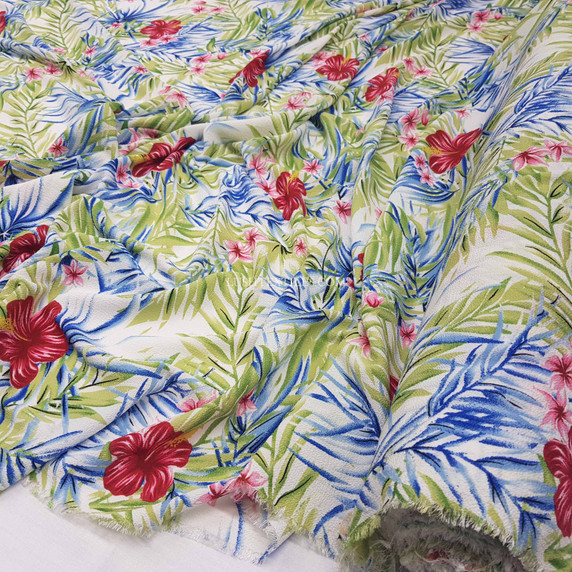 Tropical Floral Digital Print Bubble Crepe Dress Fabric, off White