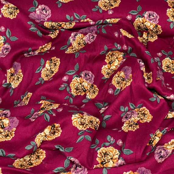 100% Viscose Floral Roses Dress Fabric, Wine