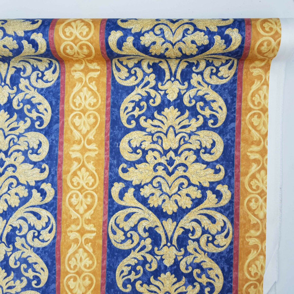 Damask Vintage Cotton Print Craft Fabric, Blue/Gold Damask Vintage Cotton Print Craft Fabric, Blue/Gold