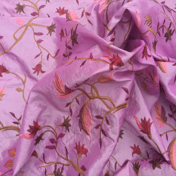 Italian Floral Flowers Embroidered Taffeta Fabric, Pink