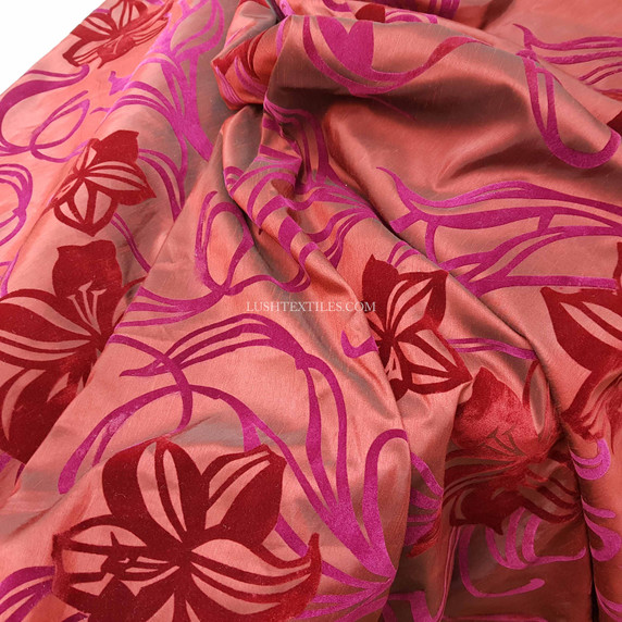 Taffeta by Prestige Textiles, Liberty Floral Velvet Flock Taffeta Fabric, Wine Red