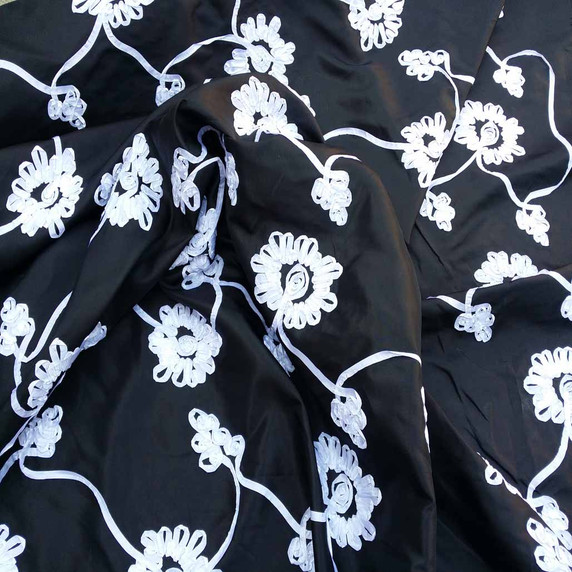 White Sunflower Ribbon Taffeta Fabric, Black