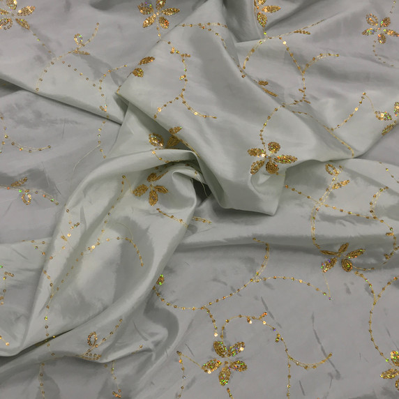 Gold Floral Sequin Taffeta Fabric, Pale Blue