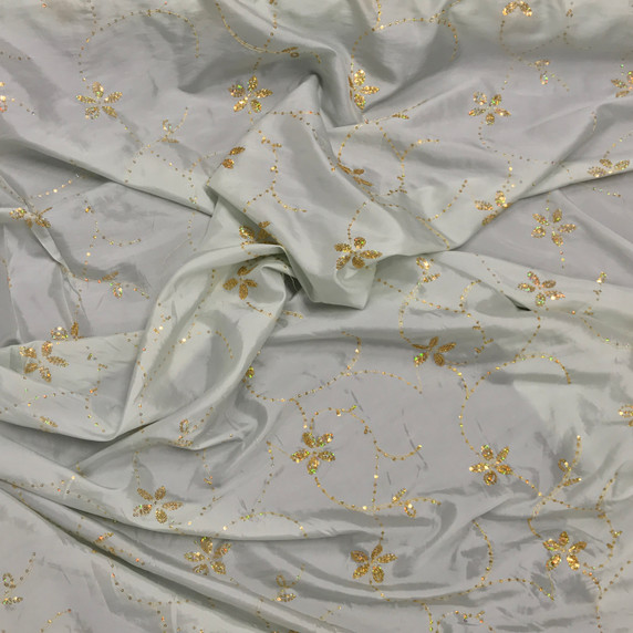 Gold Floral Sequin Taffeta Fabric, Pale Blue