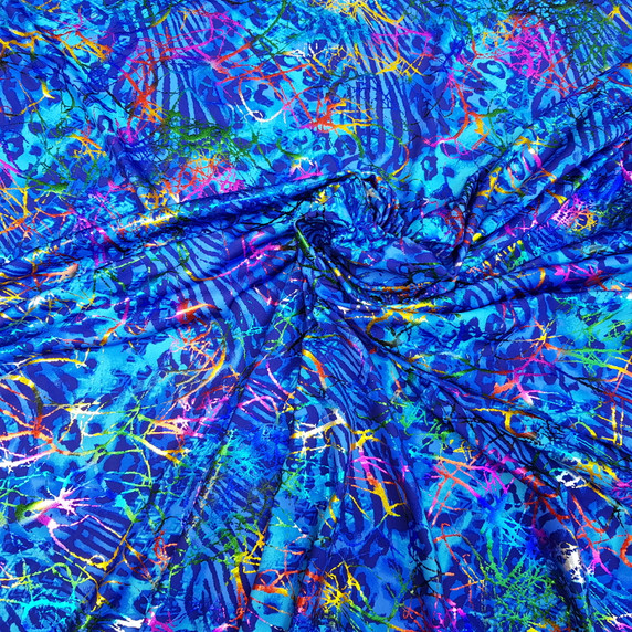 Rainbow Foil On Leopard Print Lycra Dress Fabric, Blue