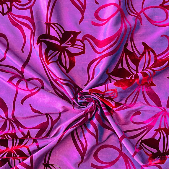 Taffeta by Prestige Textiles, Liberty Floral Velvet Flock Taffeta Fabric, Purple