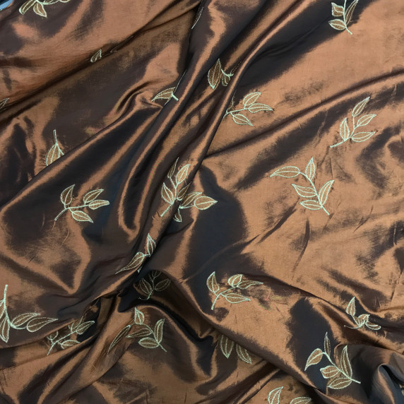 Gold 5 Leaf Embroidery Taffeta Fabric, Brown