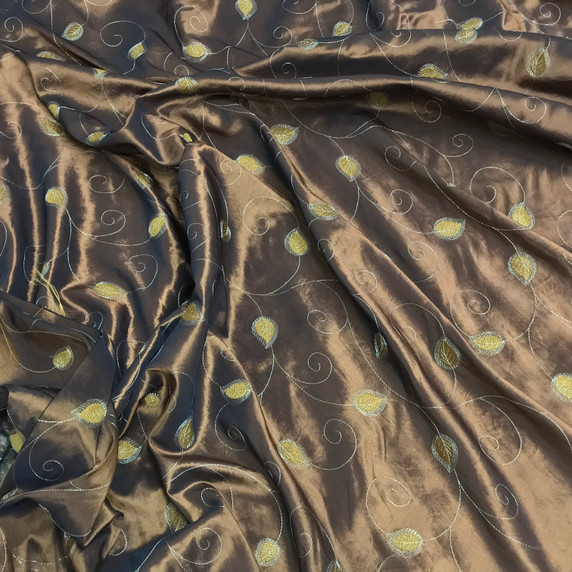 Fabric shop UK, Pacific Embroidery Leaf Taffeta Fabric, Brown