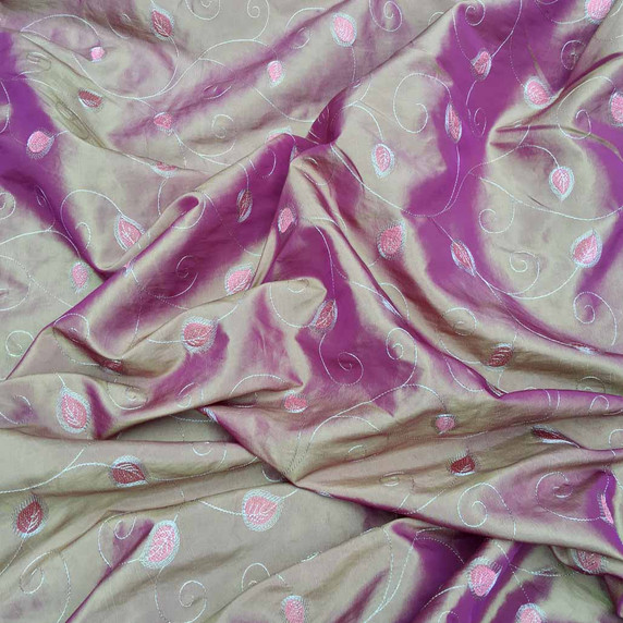 Pacific Embroidery Leaf Taffeta Fabric, Gold Shot Pink
