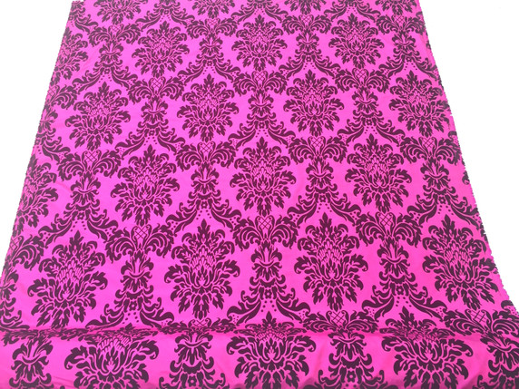 Black Damask Velvet Flock Taffeta Fabric, Cerise