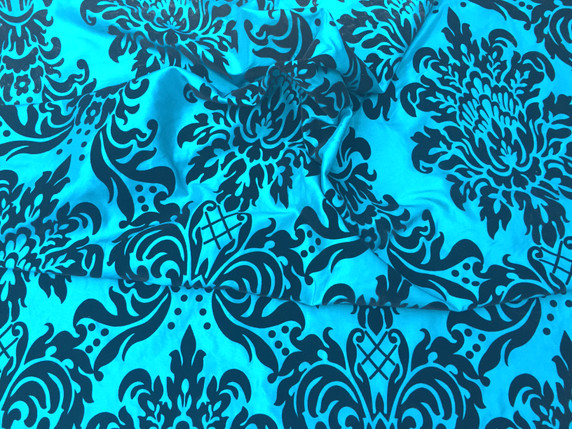 Black Damask Velvet Flock Taffeta Fabric, Teal