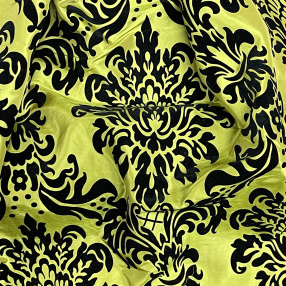 Black Damask Velvet Flock Taffeta Fabric, Lime Green