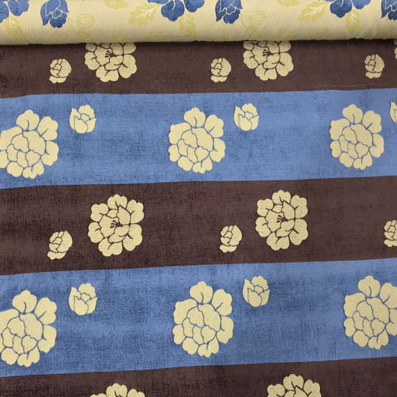 Blue And Brown Floral Upholstery Curtain Fabric - Cream