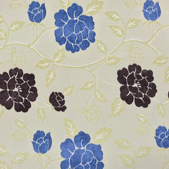 Blue And Brown Floral Upholstery Curtain Fabric - Cream