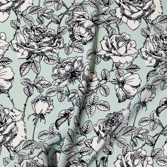 Premium Rose Viscose Crepe Floral Dress Fabric, Mint