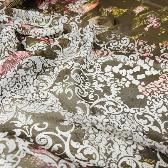 White Damask Print Chiffon Fabric, Brown