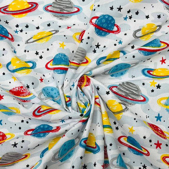 Solar System, Planets Galaxy Polycotton dress making crafts quilting dolls house Fabric, Grey
